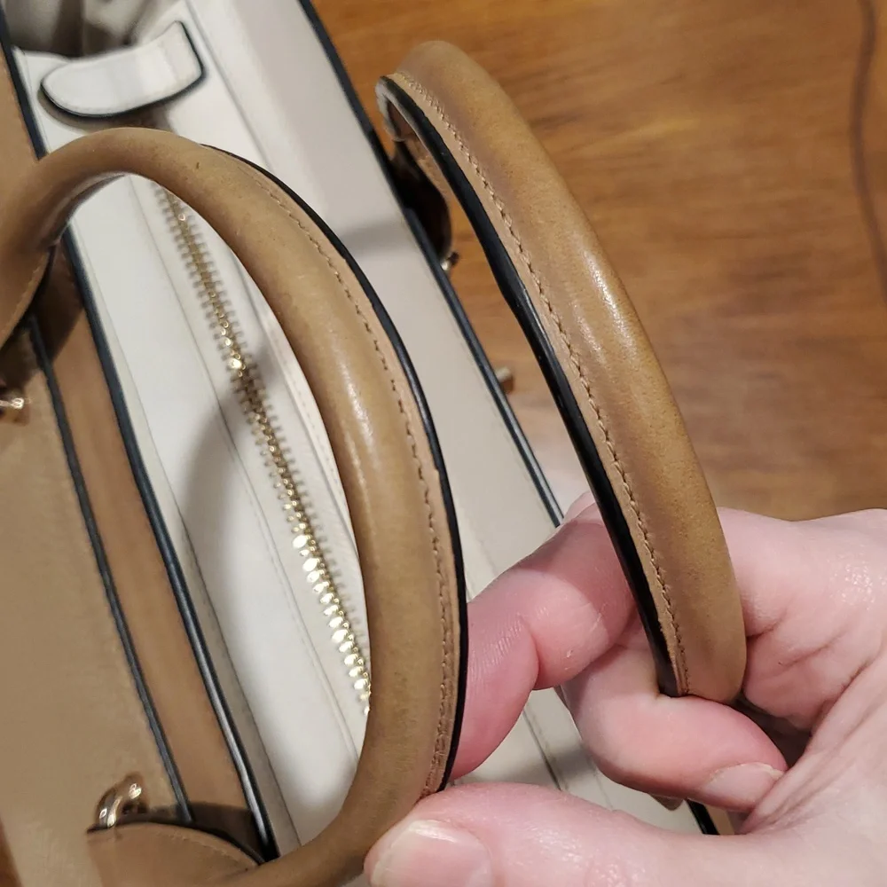 Neutral Beige Leather Satchel Handbag with Gold Hardware